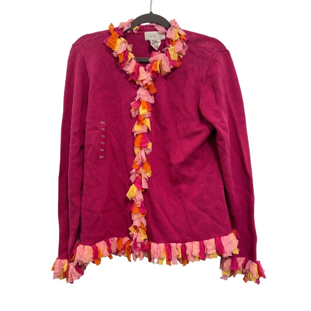 Mandal Bay Womens Cardigan L Pink Multicolor Ruffle Trim Ramie Cotton New